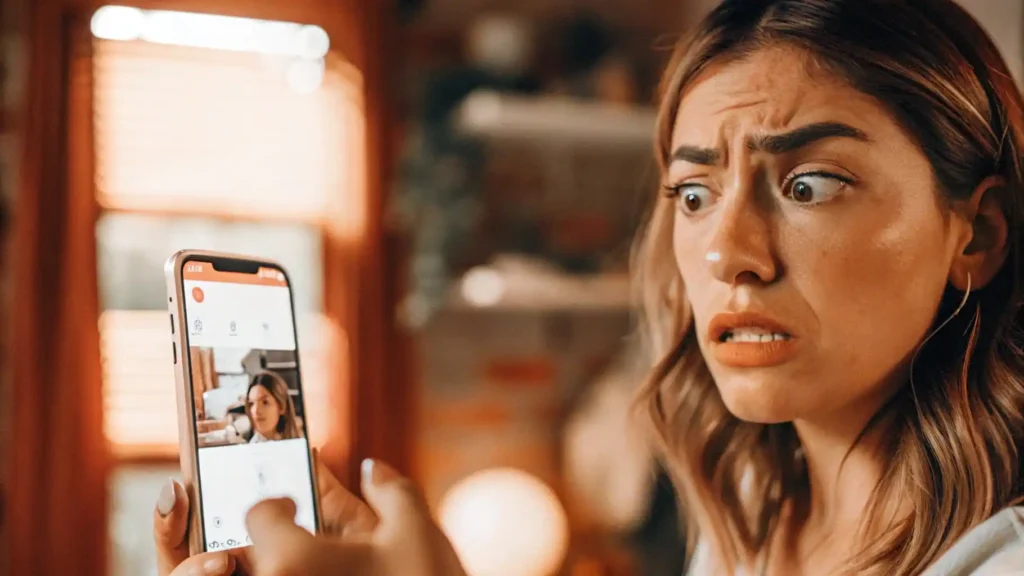 Mujer latina mirando su celular con una expresión de duda y escepticismo, como si no creyera que una app pueda organizar su vida.