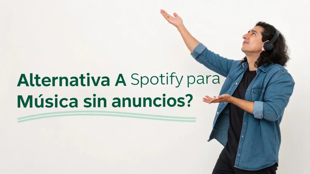 Una persona con con brazos abiertos preguntandose y en la imagen el texto: alternativa a spotify para musica sin anuncios? foto realista